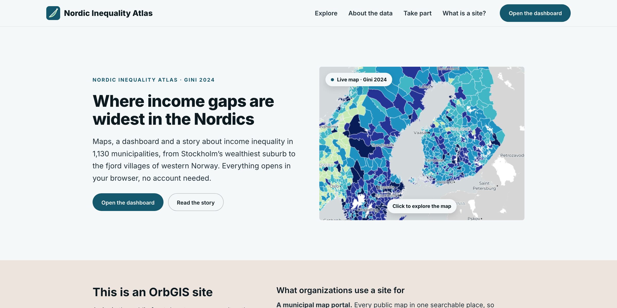 Nordic Inequality Atlas, en webbplats byggd i Sidbyggaren: rubrik bredvid en levande karta, webbplatsens meny och ett avsnitt om vad webbplatser används till