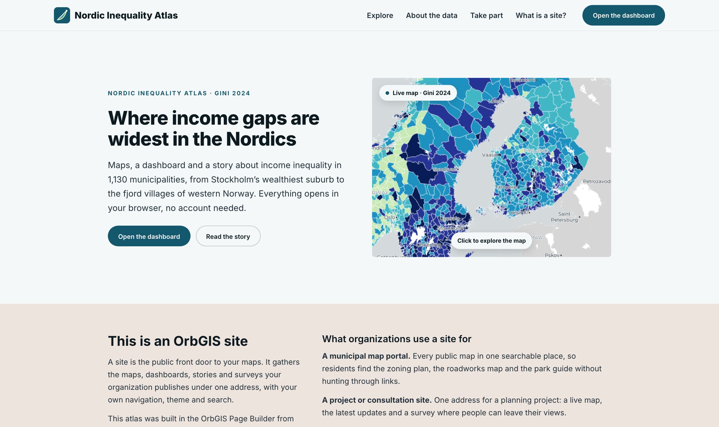 Nordic Inequality Atlas, en publicerad webbplats i OrbGIS med meny, rubrik och en levande karta över inkomstskillnader